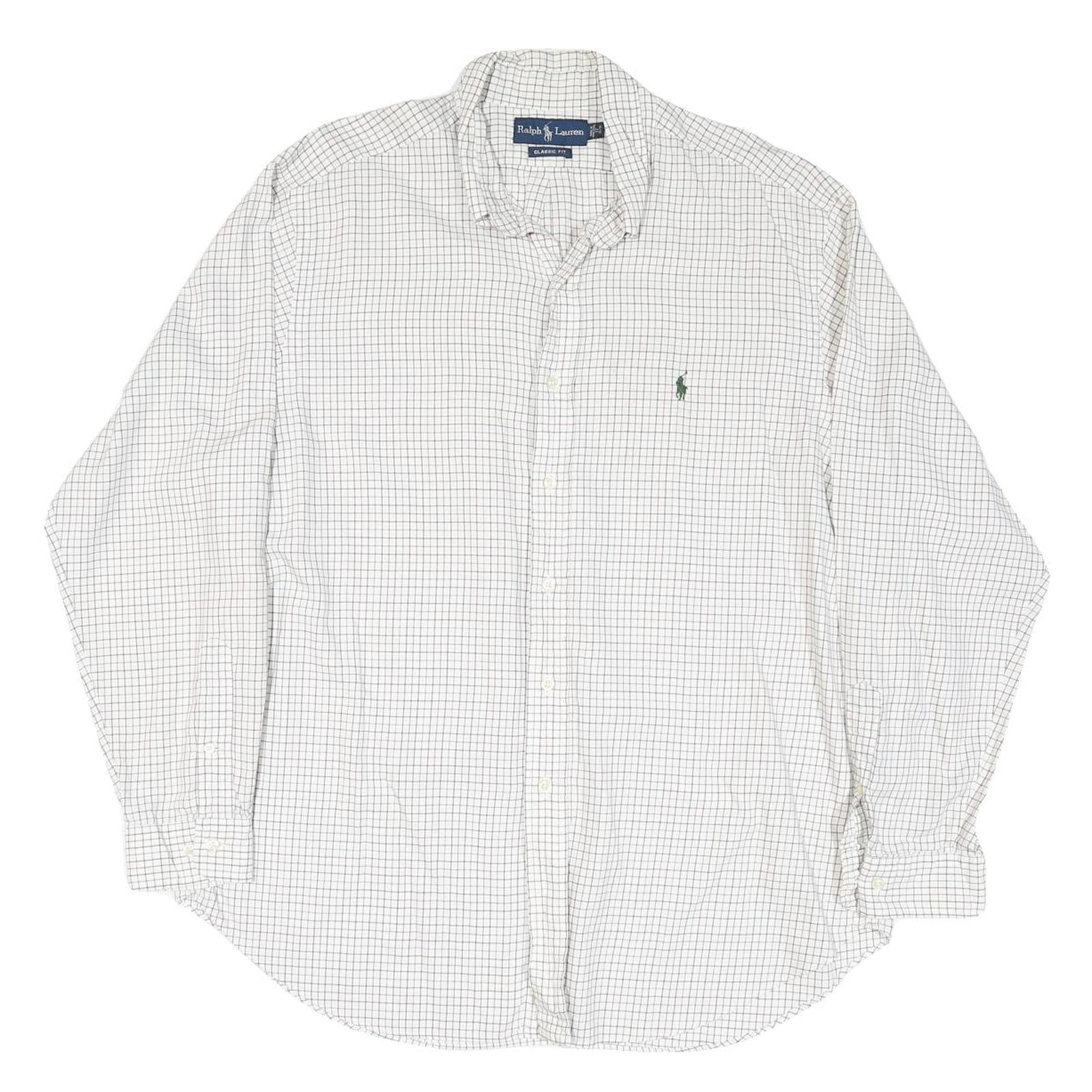 RALPH LAUREN Mens White & Navy Classic Fit Shirt XL Cotton Blend Checked Long