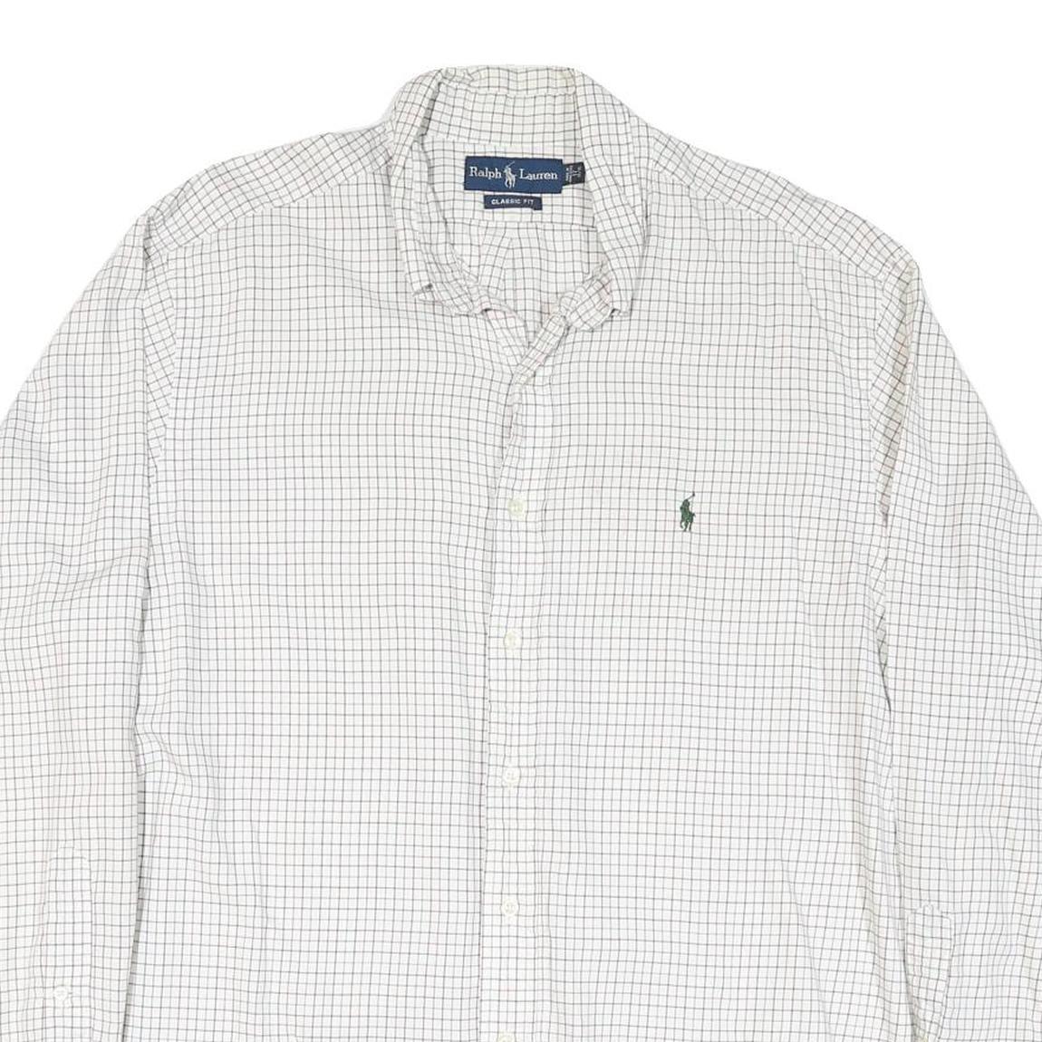 RALPH LAUREN Mens White & Navy Classic Fit Shirt XL Cotton Blend Checked Long