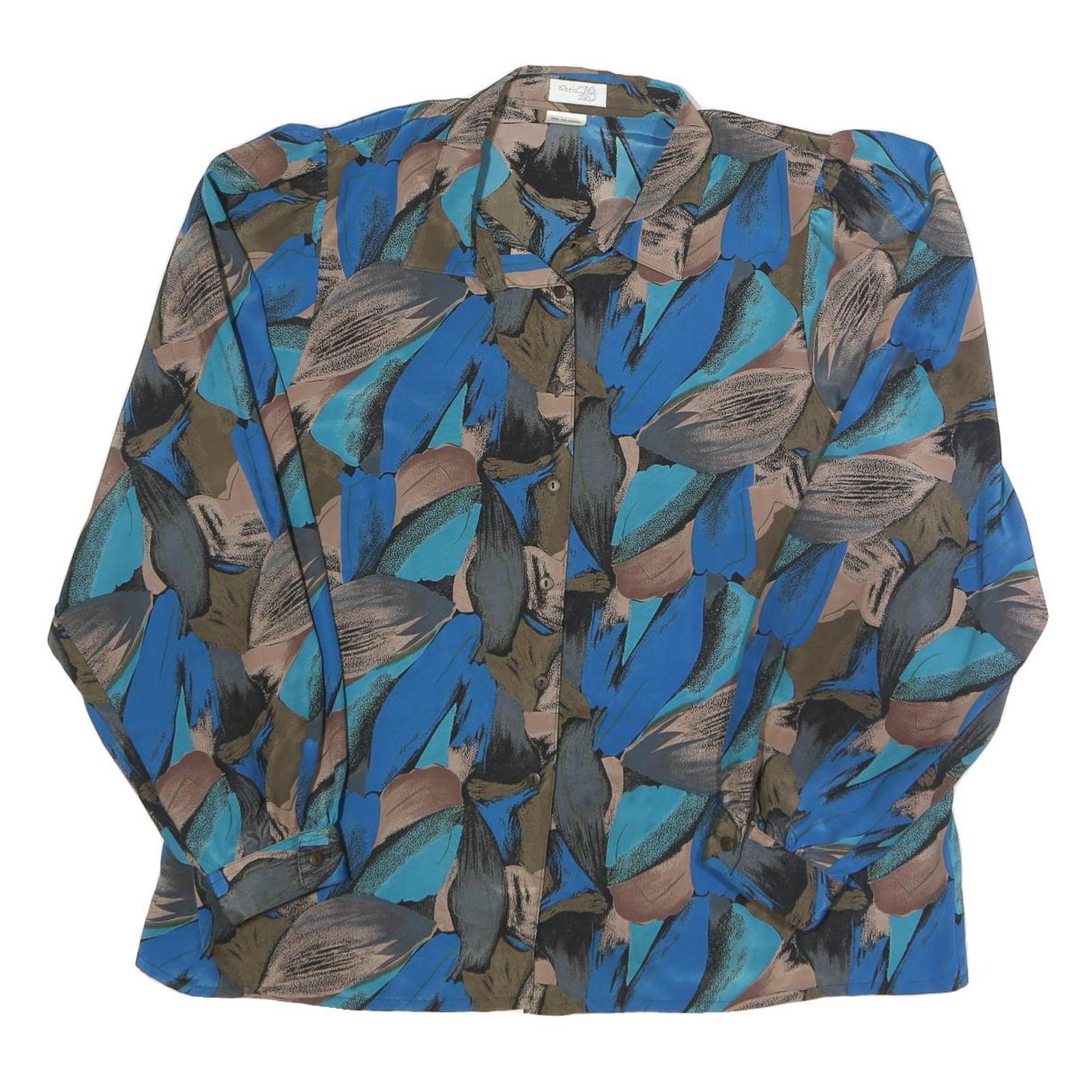 CHRIS JB Womens Blue & Brown Printed Long Sleeve Collared Shirt 2XL Polyester