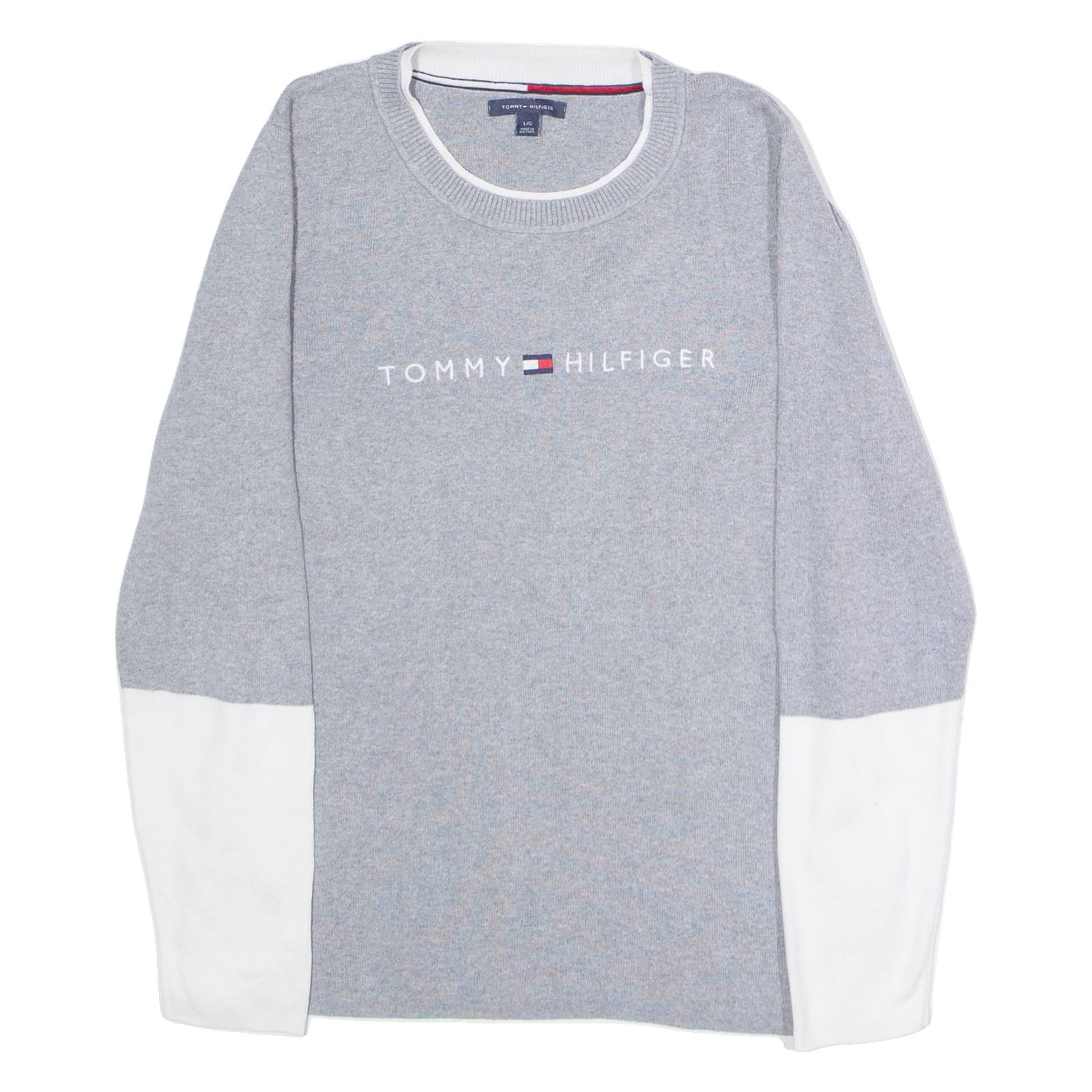 TOMMY HILFIGER Womens Patterned Jumper Grey Colourblock Crew Neck Tight Knit L