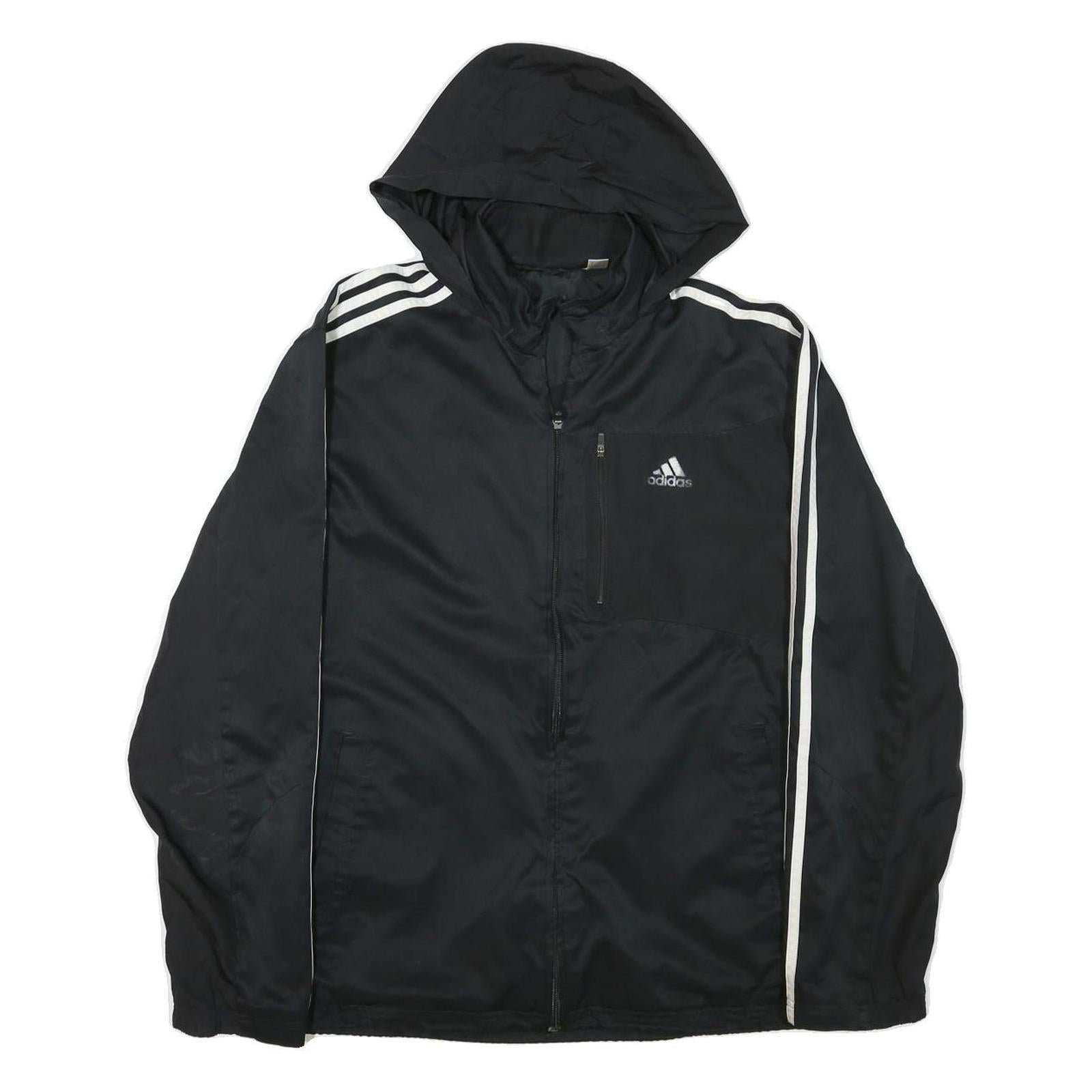 ADIDAS Mens Black & White Hooded Zip Jacket L Polyester Blend Sportswear