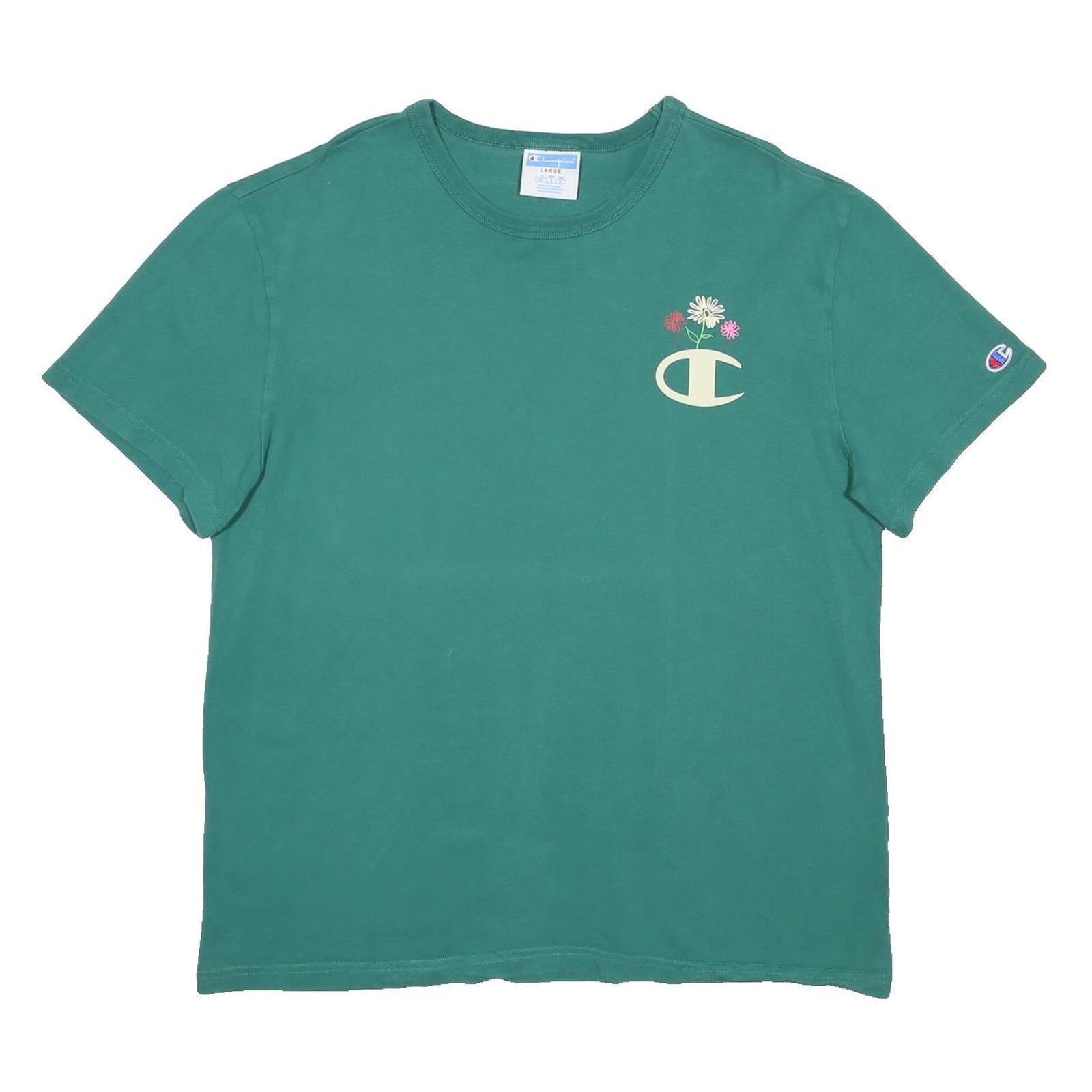 CHAMPION Womens Green Cotton T-Shirt L Short Sleeve Crew Neck Floral Logo