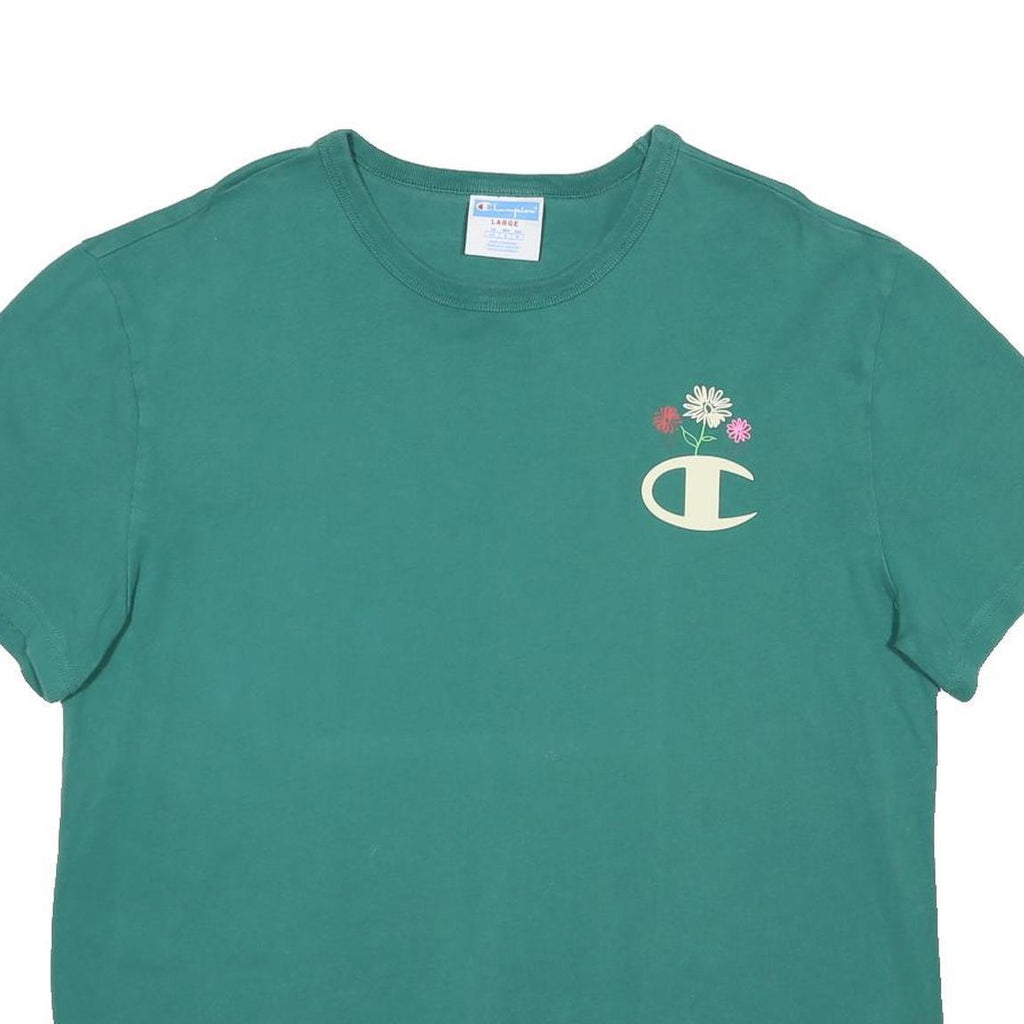 CHAMPION Womens Green Cotton T-Shirt L Short Sleeve Crew Neck Floral Logo