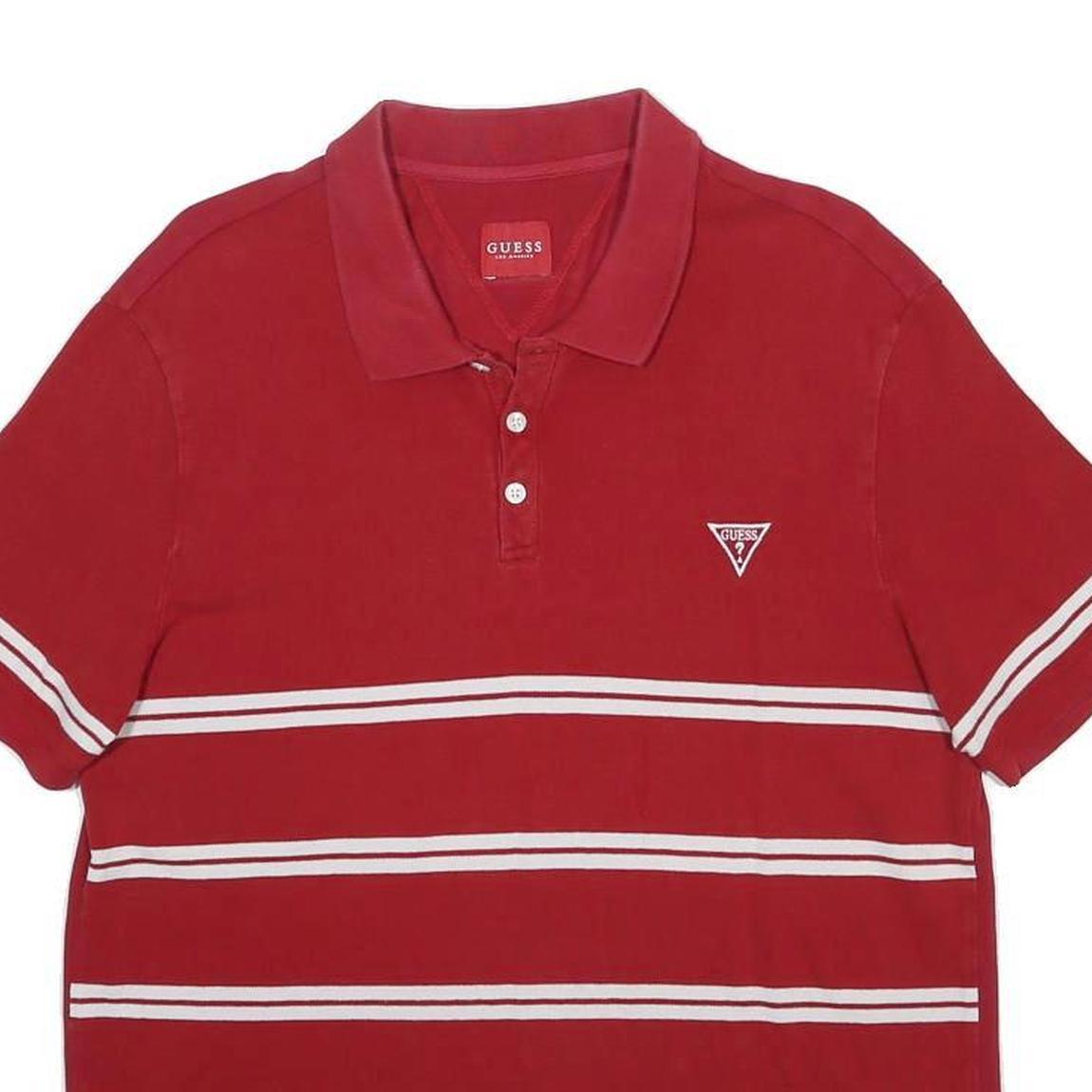 GUESS Mens Red & White Striped Short Sleeve Polo Shirt M Cotton Blend Casual