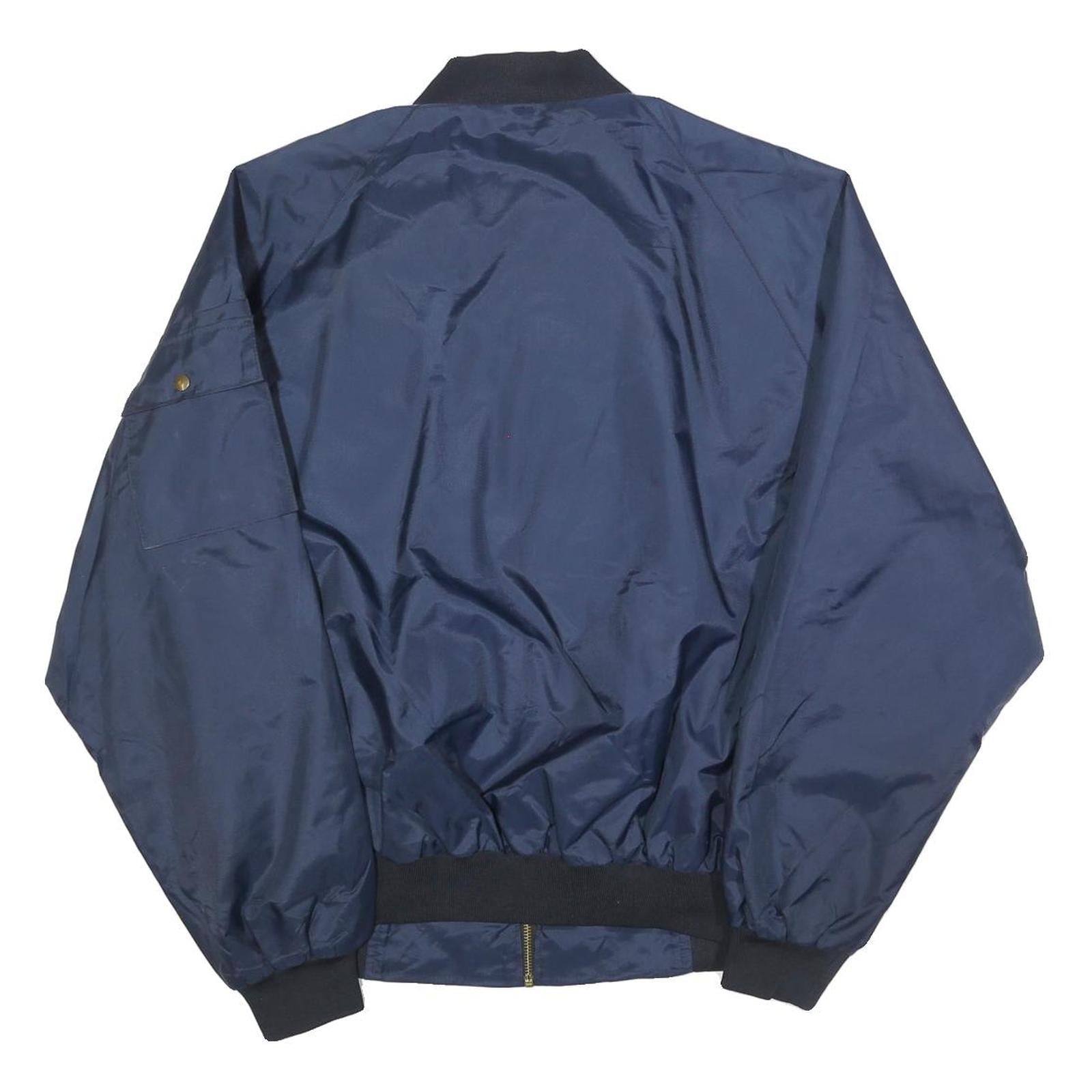 Mens Navy Blue Polyester Plain Bomber Jacket L Zip Pocket Casual Retro