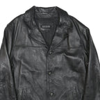 GUESS Mens Black Leather Button Jacket L Smooth Grain Retro Style