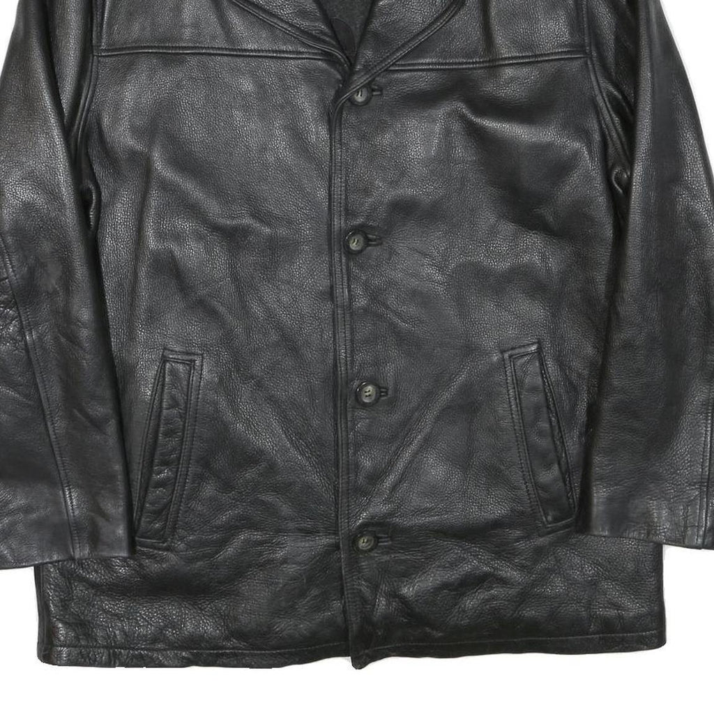 GUESS Mens Black Leather Button Jacket L Smooth Grain Retro Style