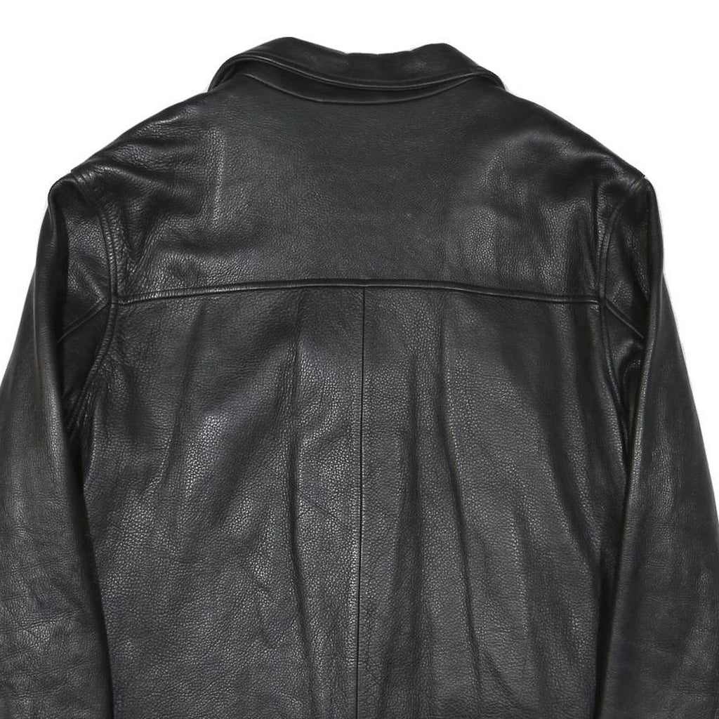 GUESS Mens Black Leather Button Jacket L Smooth Grain Retro Style