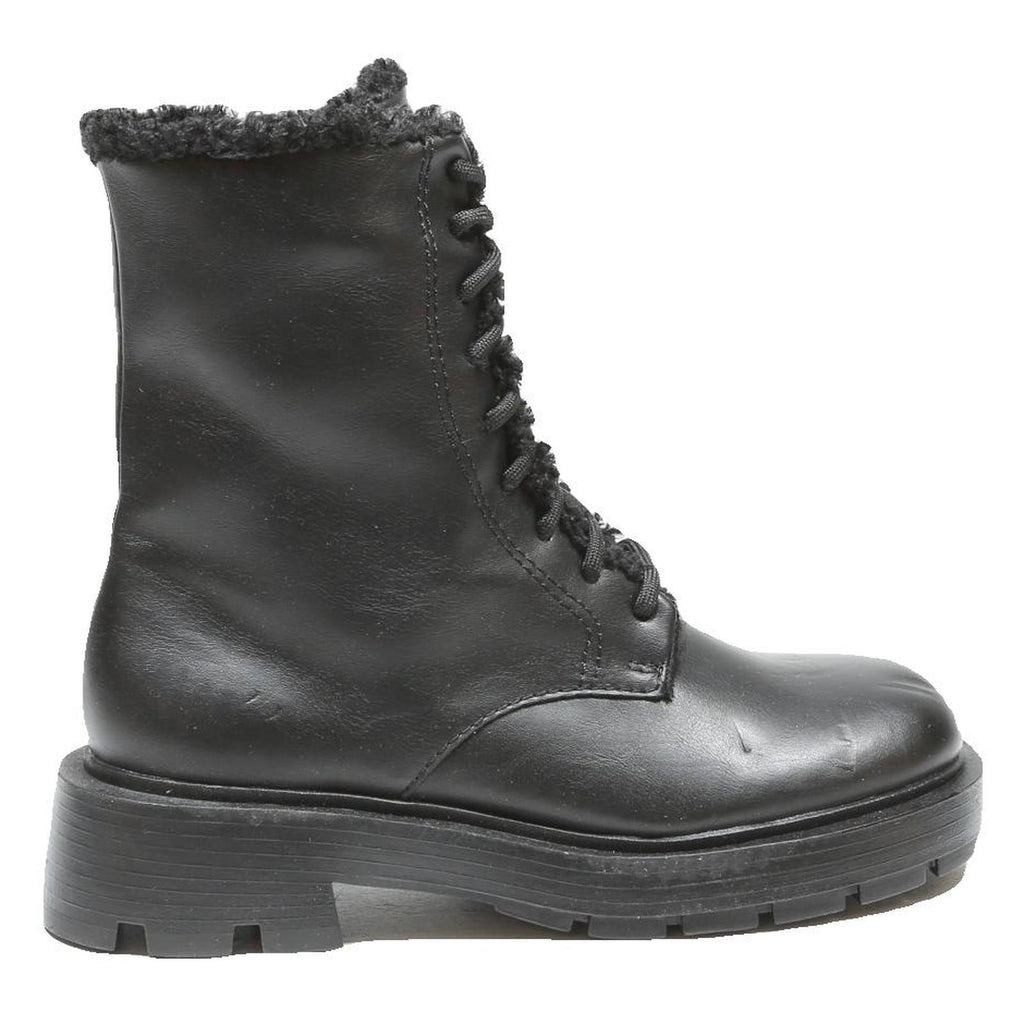 CHARLES & KEITH Womens Lace-Up Leather Ankle Boots Black UK 3 Chunky Sole Warm