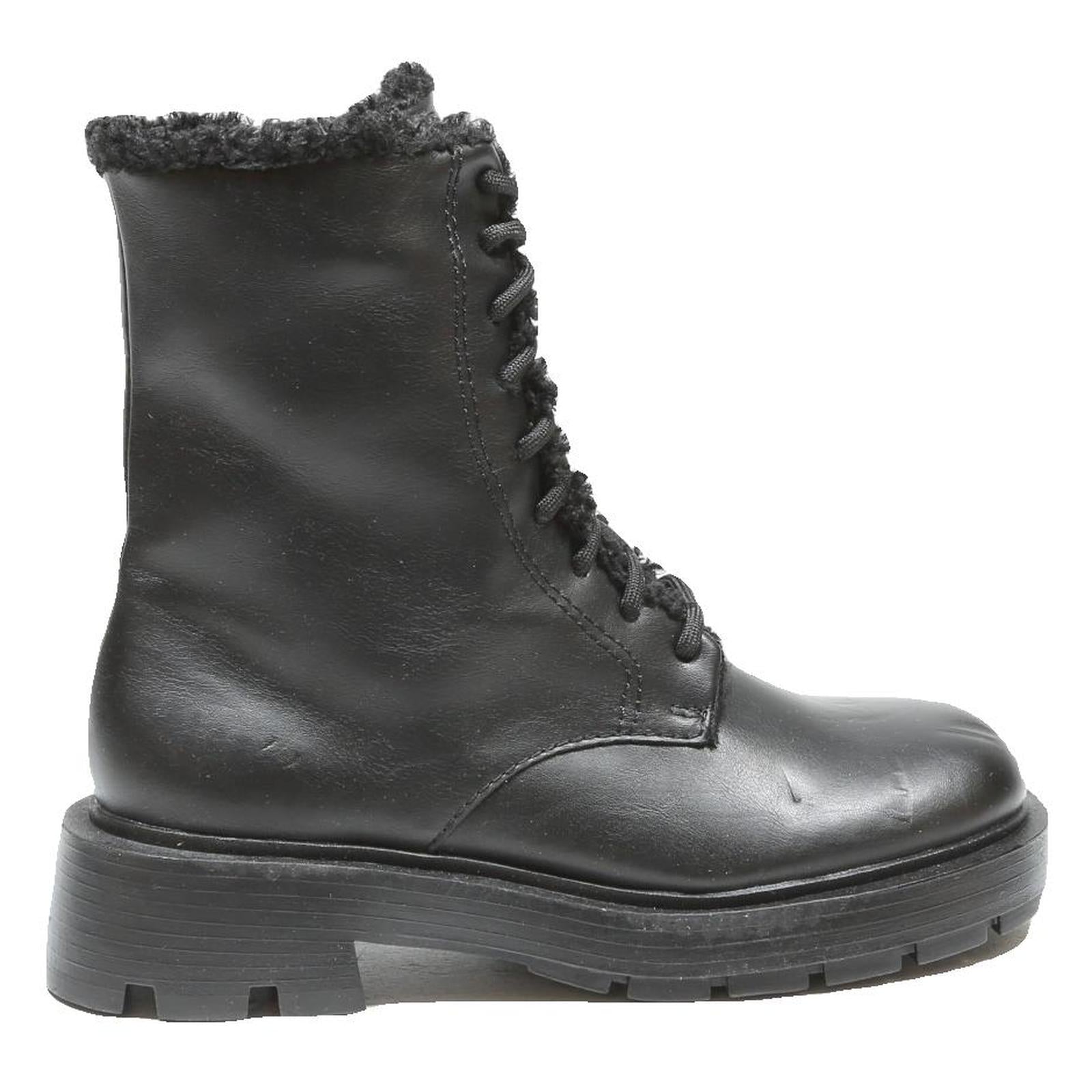 CHARLES & KEITH Womens Lace-Up Leather Ankle Boots Black UK 3 Chunky Sole Warm