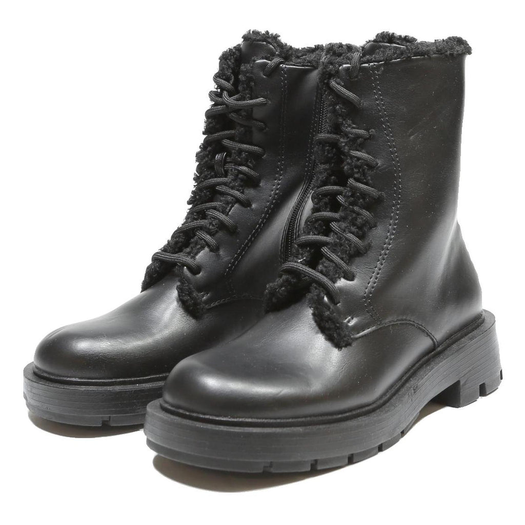 CHARLES & KEITH Womens Lace-Up Leather Ankle Boots Black UK 3 Chunky Sole Warm