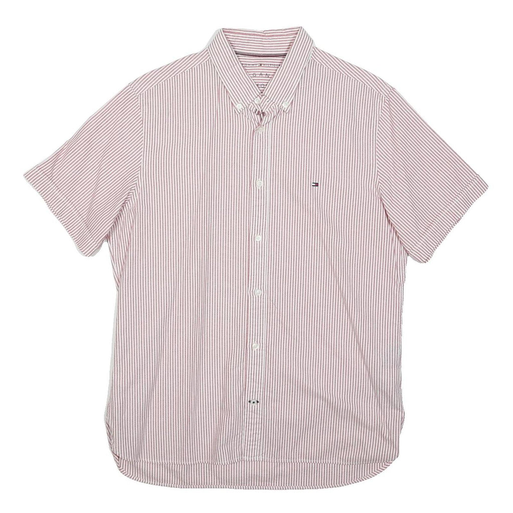 TOMMY HILFIGER Mens Red & White Stripe Short Sleeve Shirt S Classic Cotton Blend