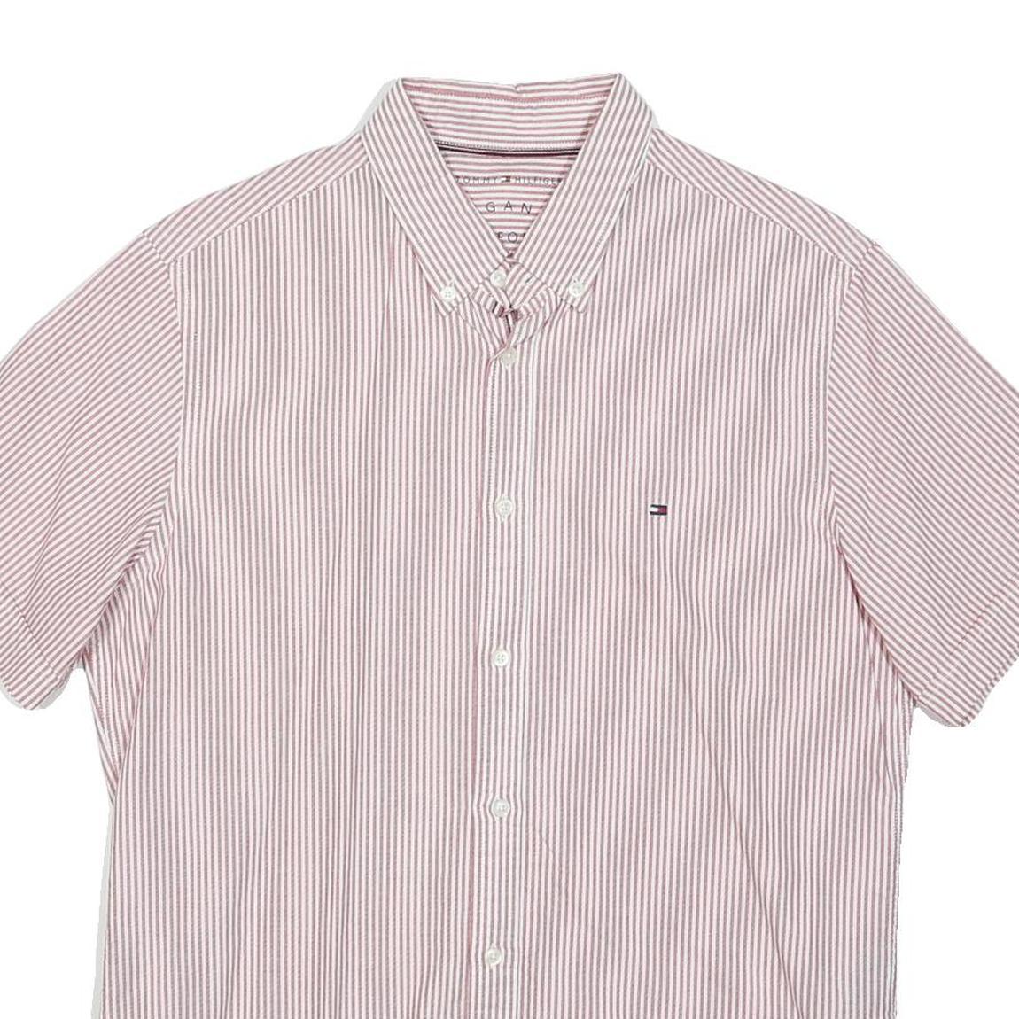 TOMMY HILFIGER Mens Red & White Stripe Short Sleeve Shirt S Classic Cotton Blend