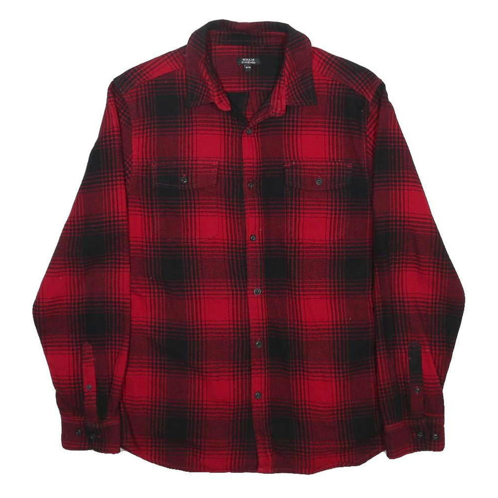 Mens Red & Black Check Shirt M Cotton Blend Casual Long Sleeve Button Closure