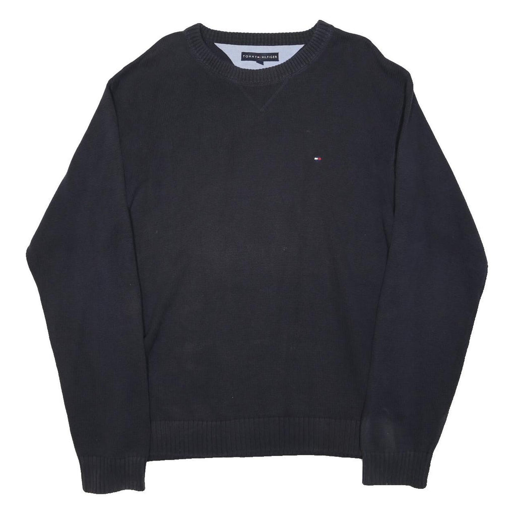 TOMMY HILFIGER Mens Navy Plain Cotton Jumper Crew Neck Basic Knit L Casual