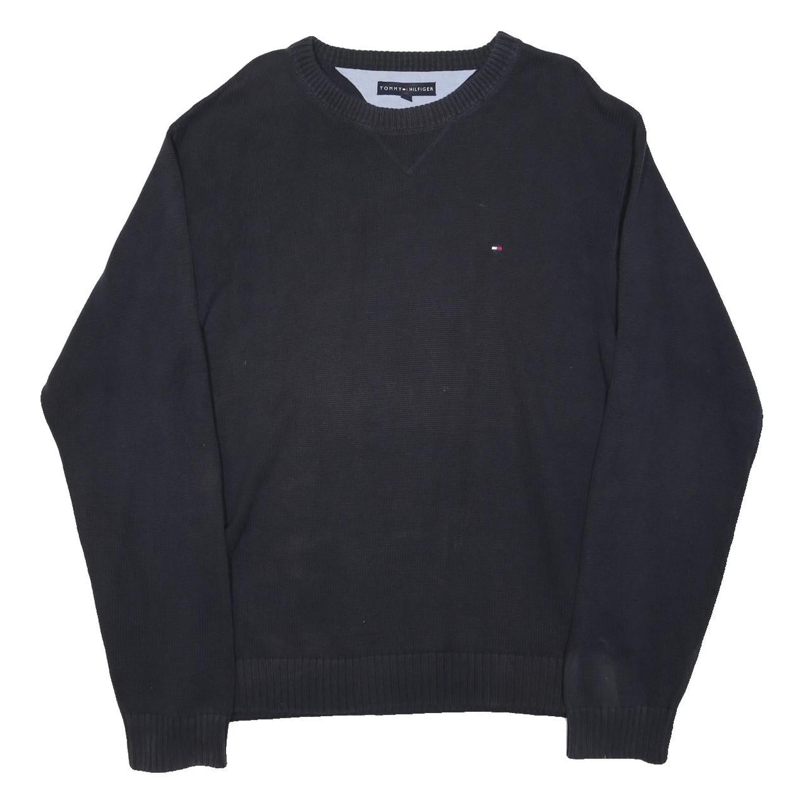 TOMMY HILFIGER Mens Navy Plain Cotton Jumper Crew Neck Basic Knit L Casual