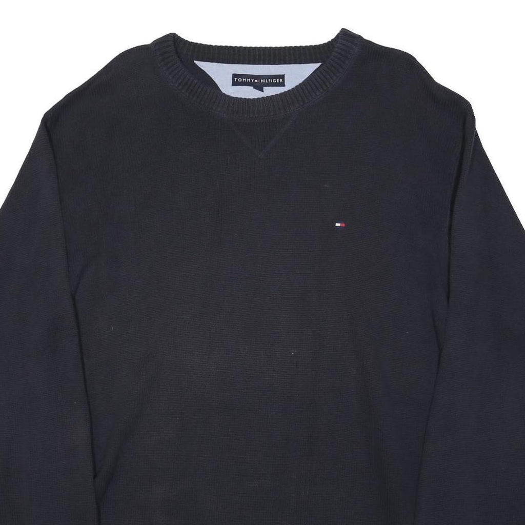 TOMMY HILFIGER Mens Navy Plain Cotton Jumper Crew Neck Basic Knit L Casual