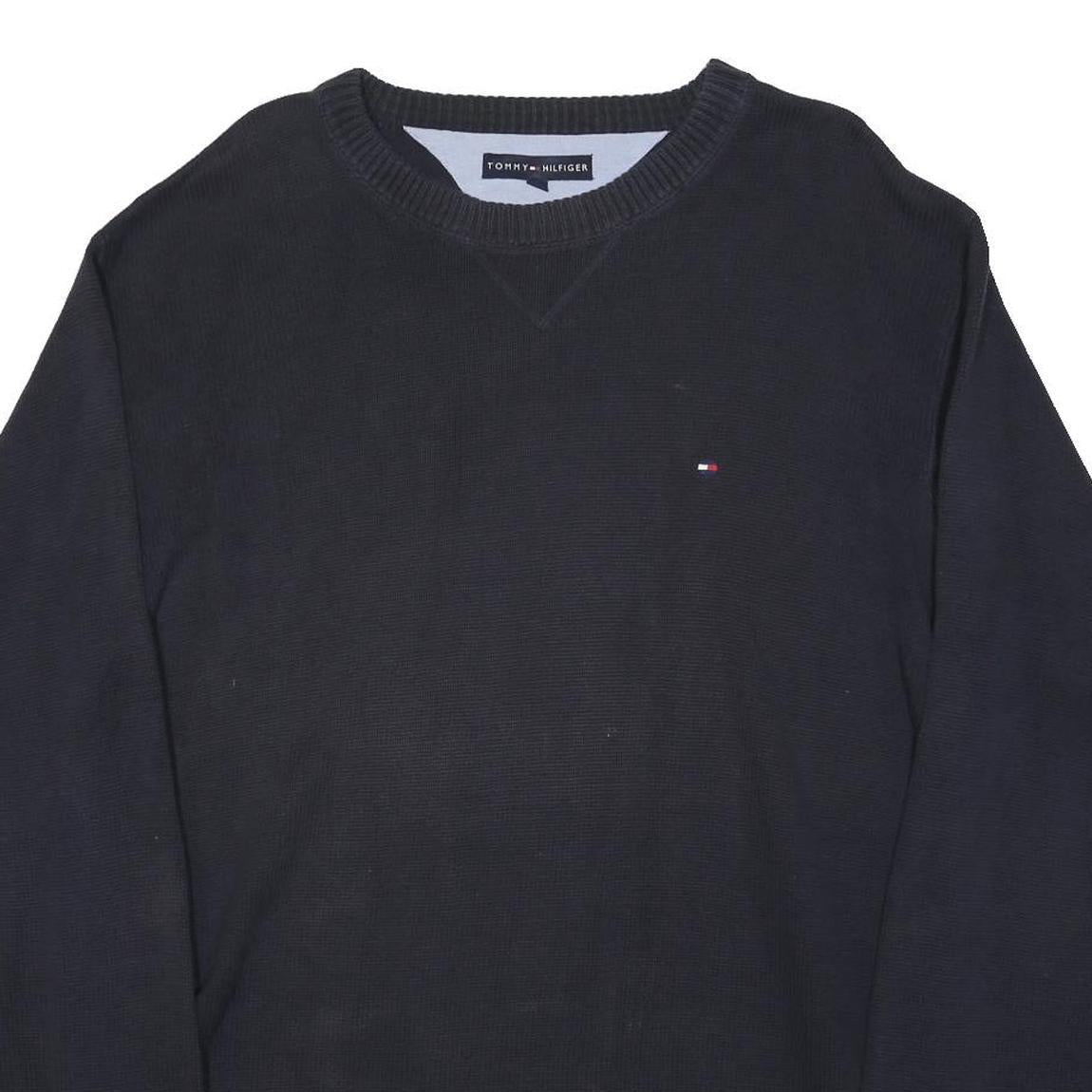 TOMMY HILFIGER Mens Navy Plain Cotton Jumper Crew Neck Basic Knit L Casual