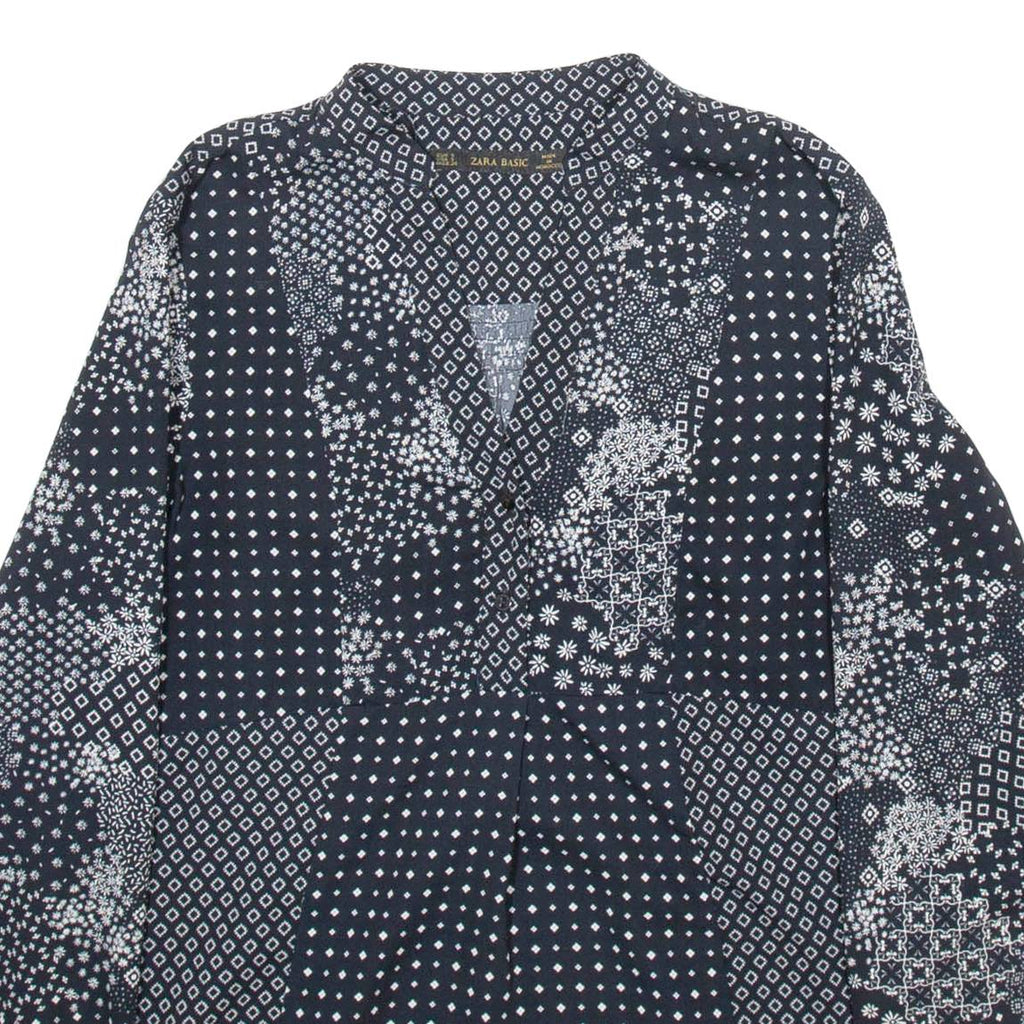ZARA BASIC Womens Printed Blouse Black V-Neck Long Sleeve Crazy Pattern S