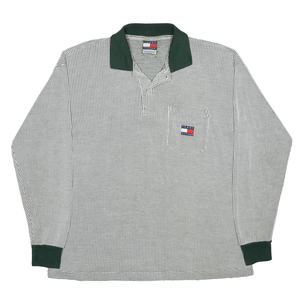 TOMMY HILFIGER Mens White & Dark Green Long Sleeve Check Polo Shirt L Cotton