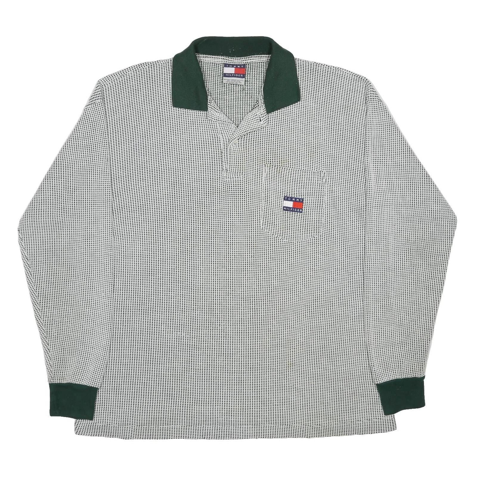 TOMMY HILFIGER Mens White & Dark Green Long Sleeve Check Polo Shirt L Cotton