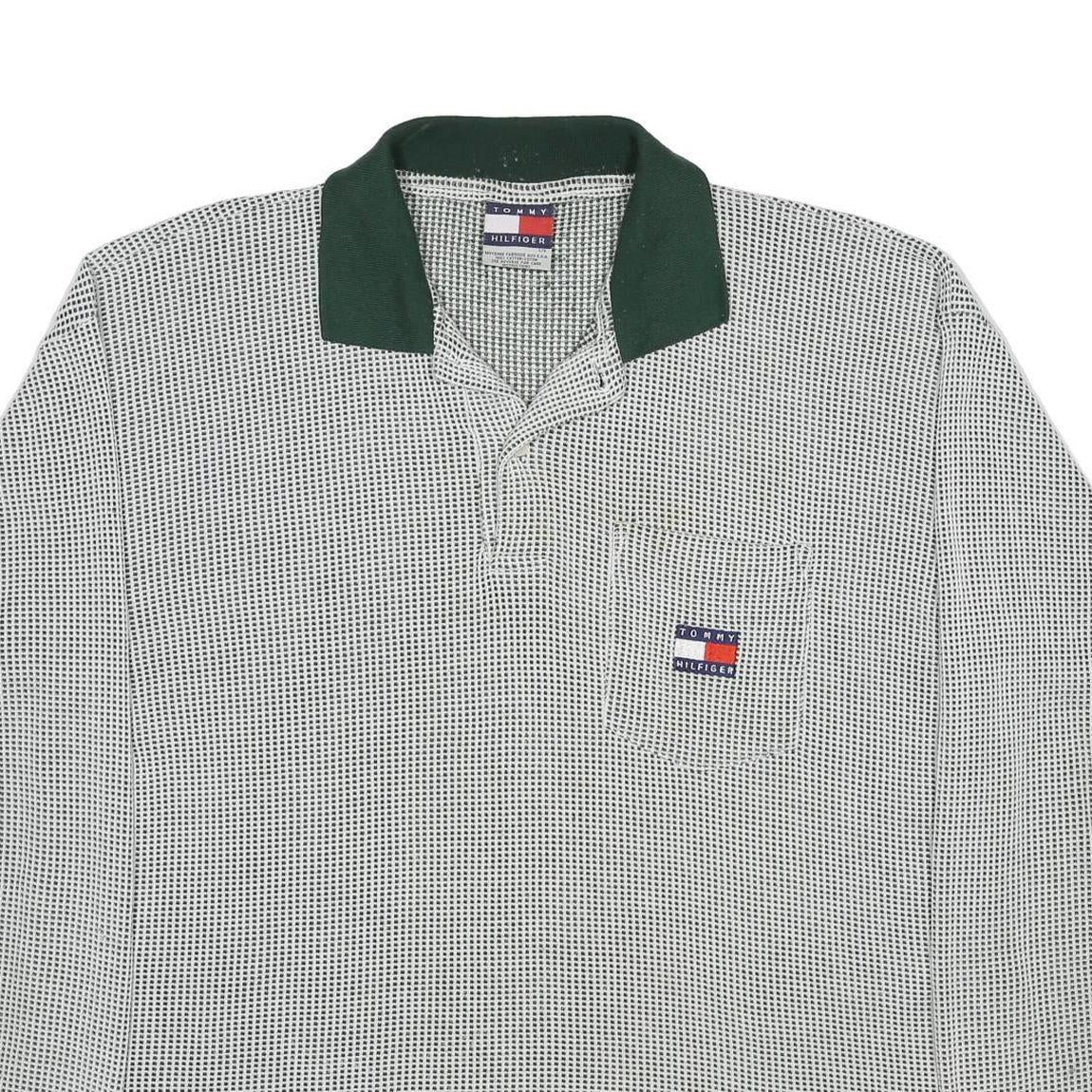 TOMMY HILFIGER Mens White & Dark Green Long Sleeve Check Polo Shirt L Cotton