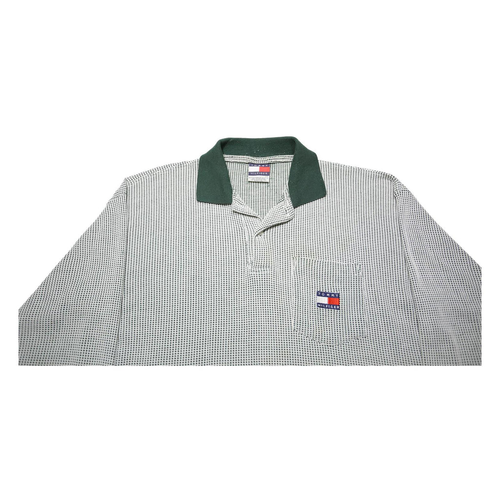 TOMMY HILFIGER Mens White & Dark Green Long Sleeve Check Polo Shirt L Cotton