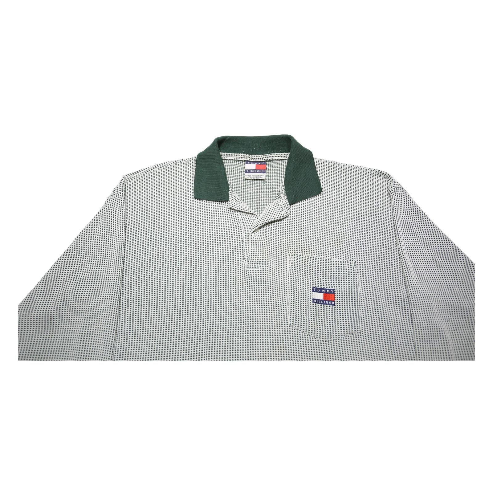 TOMMY HILFIGER Mens White & Dark Green Long Sleeve Check Polo Shirt L Cotton
