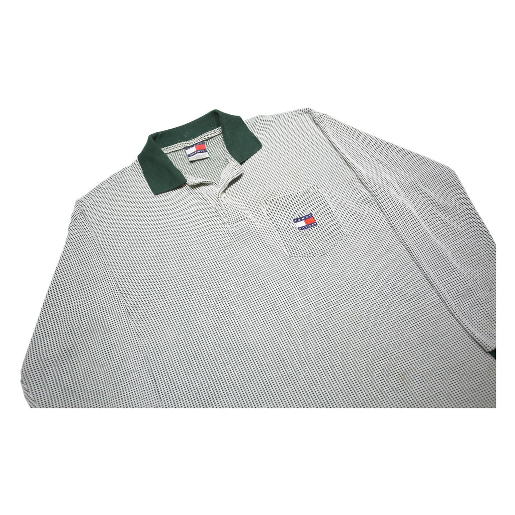 TOMMY HILFIGER Mens White & Dark Green Long Sleeve Check Polo Shirt L Cotton