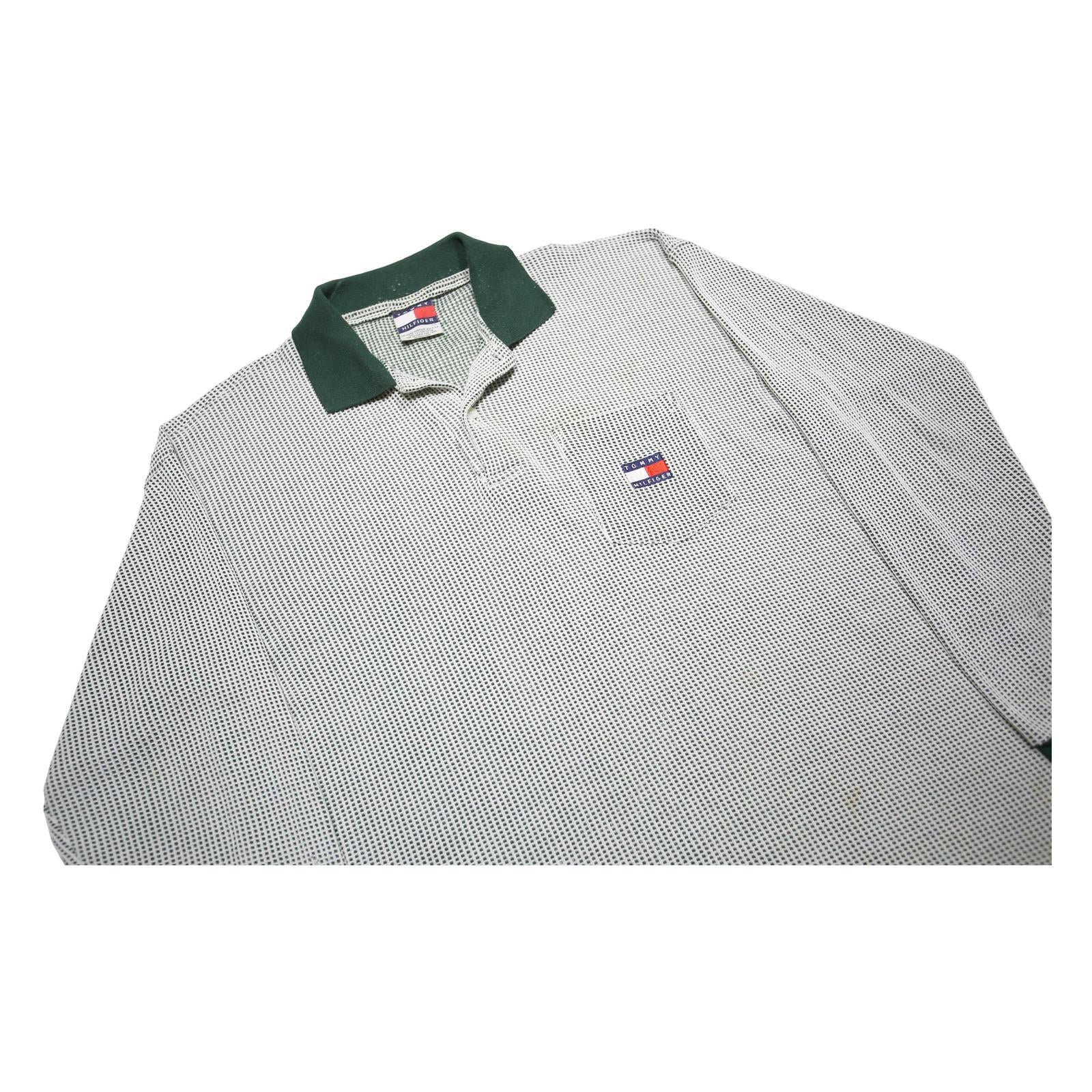 TOMMY HILFIGER Mens White & Dark Green Long Sleeve Check Polo Shirt L Cotton