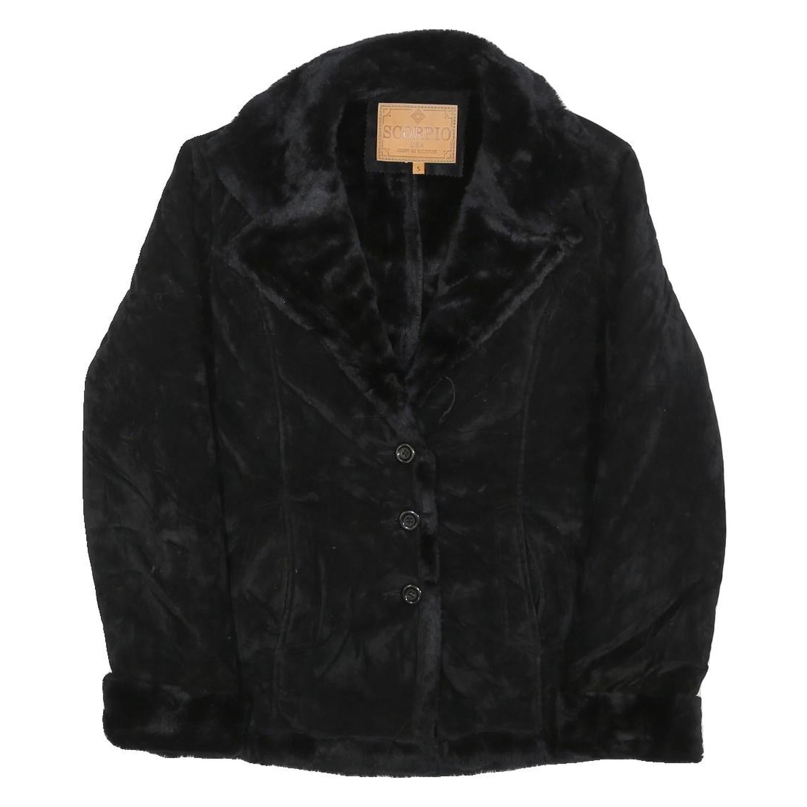 SCORPIO Womens Black Faux Fur Jacket S Polyester Blend Button Closure Classic