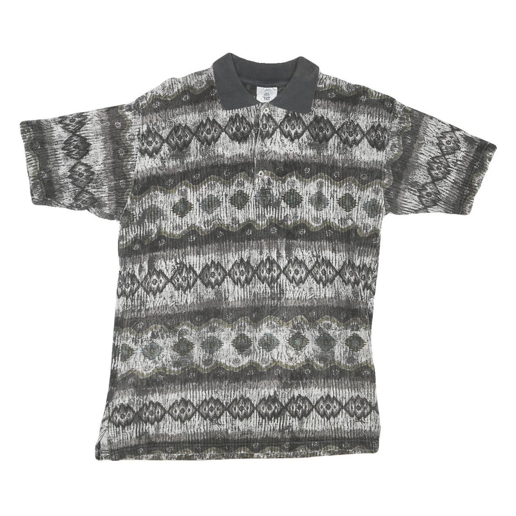 NEW TAST Mens Grey Black Patterned Short Sleeve Polo Shirt S Cotton Blend Casual