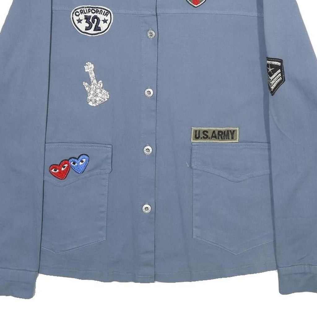 LINDSAY MODA Womens Blue Cotton Patch Button Jacket L Casual Light Fabric