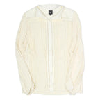 NU Womens Cream Long Sleeve Button Neck Textured Cotton Blend Top L