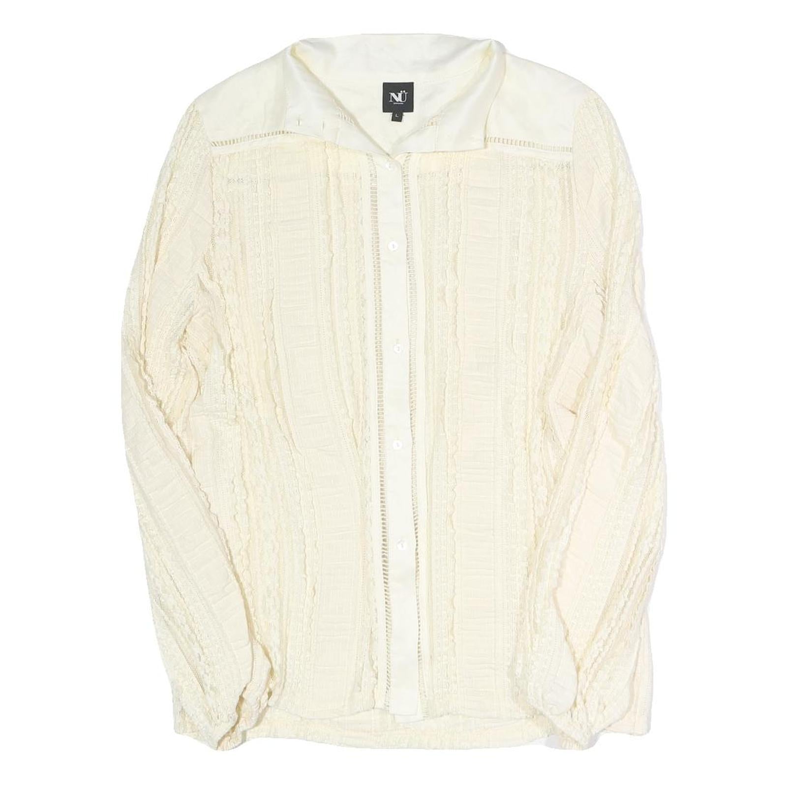 NU Womens Cream Long Sleeve Button Neck Textured Cotton Blend Top L