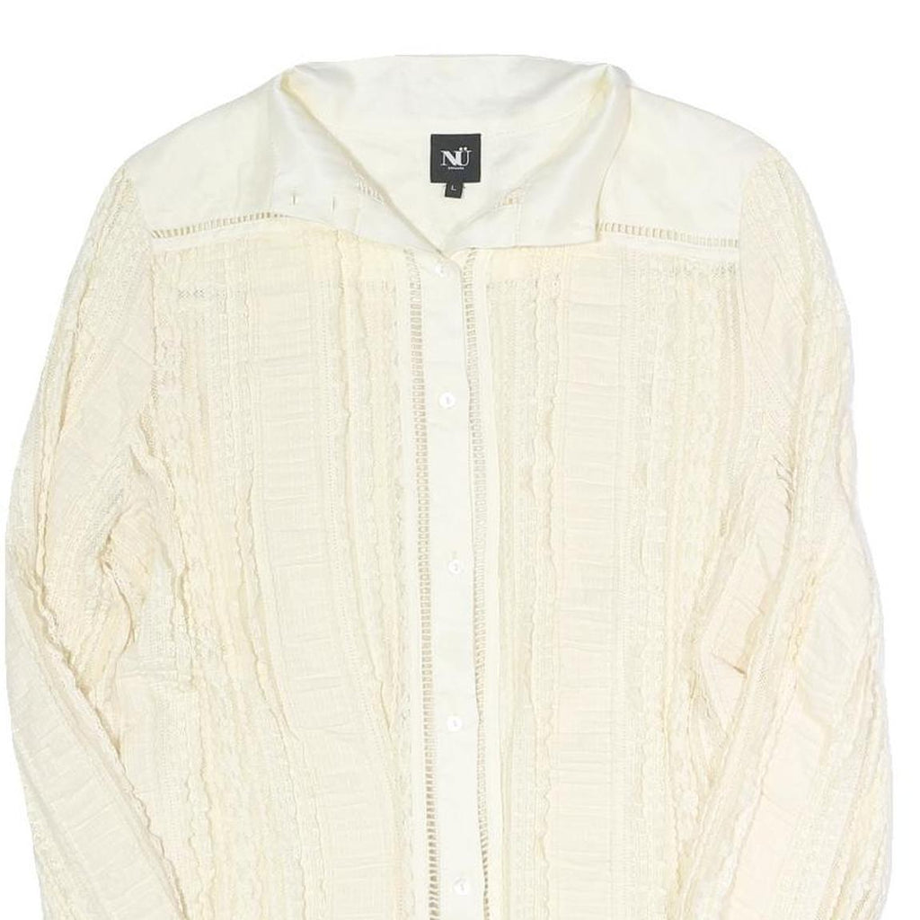 NU Womens Cream Long Sleeve Button Neck Textured Cotton Blend Top L