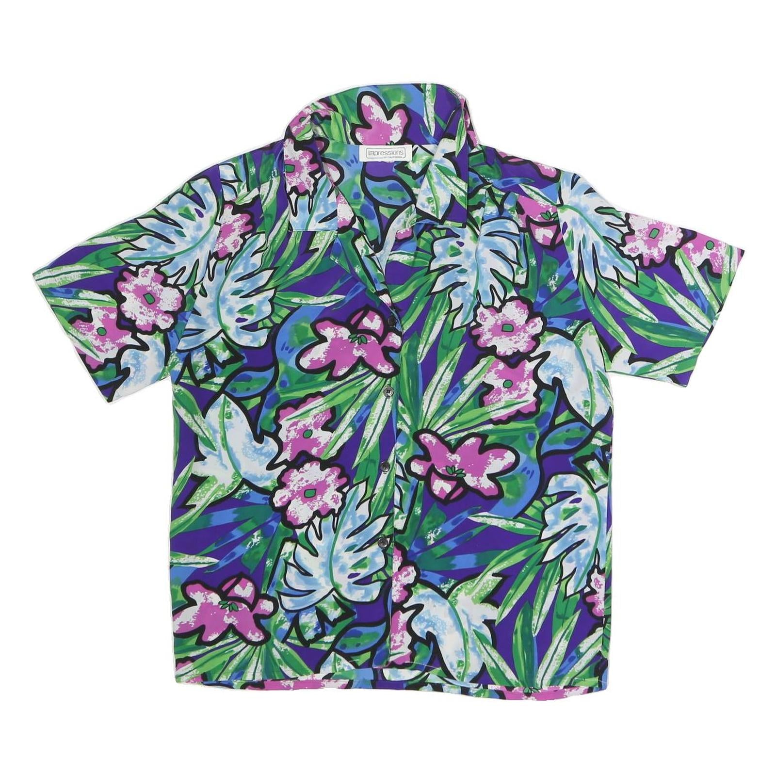 IMPRESSIONS Womens Blue & Green Floral Printed Short Sleeve Shirt L Casual