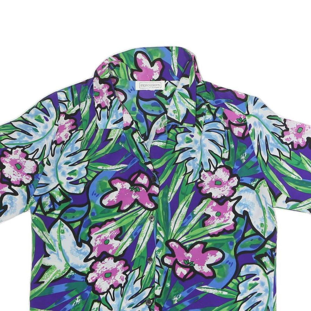 IMPRESSIONS Womens Blue & Green Floral Printed Short Sleeve Shirt L Casual