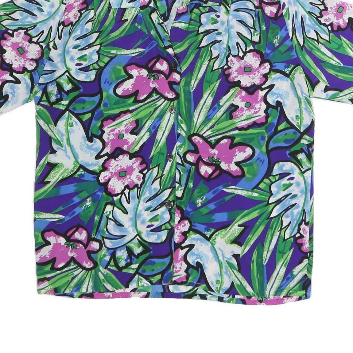 IMPRESSIONS Womens Blue & Green Floral Printed Short Sleeve Shirt L Casual