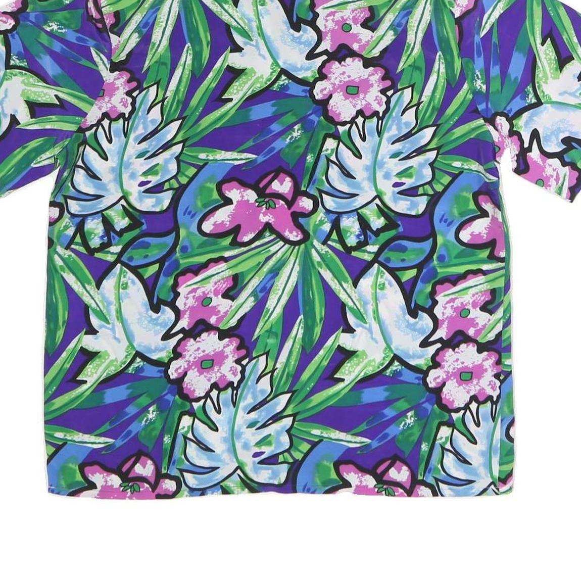 IMPRESSIONS Womens Blue & Green Floral Printed Short Sleeve Shirt L Casual