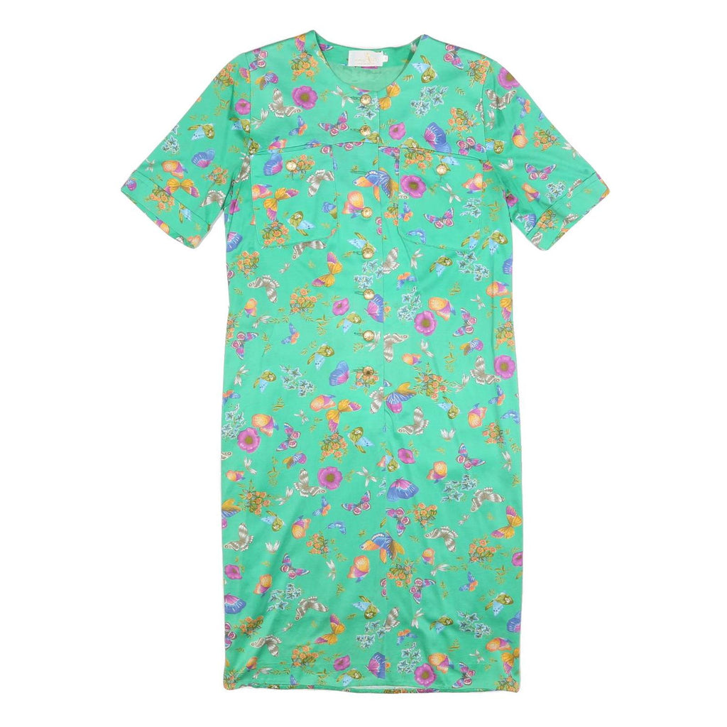 MODELE ALGO Womens Green Floral Button Midi Dress Cotton Blend Short Sleeve M