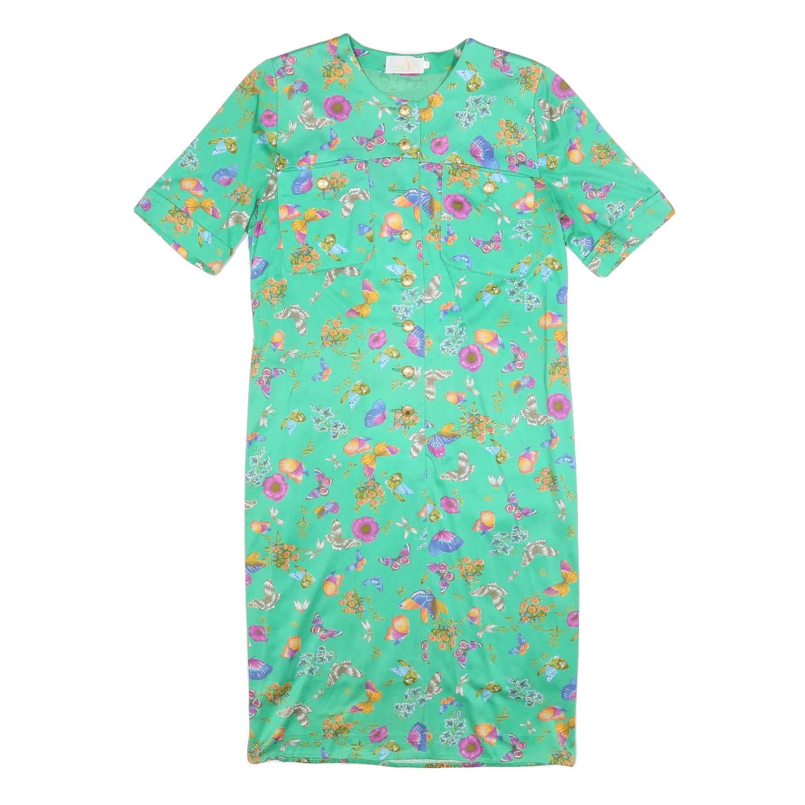 MODELE ALGO Womens Green Floral Button Midi Dress Cotton Blend Short Sleeve M