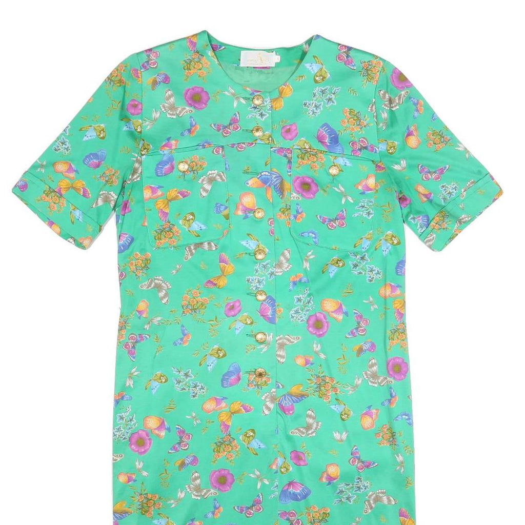 MODELE ALGO Womens Green Floral Button Midi Dress Cotton Blend Short Sleeve M