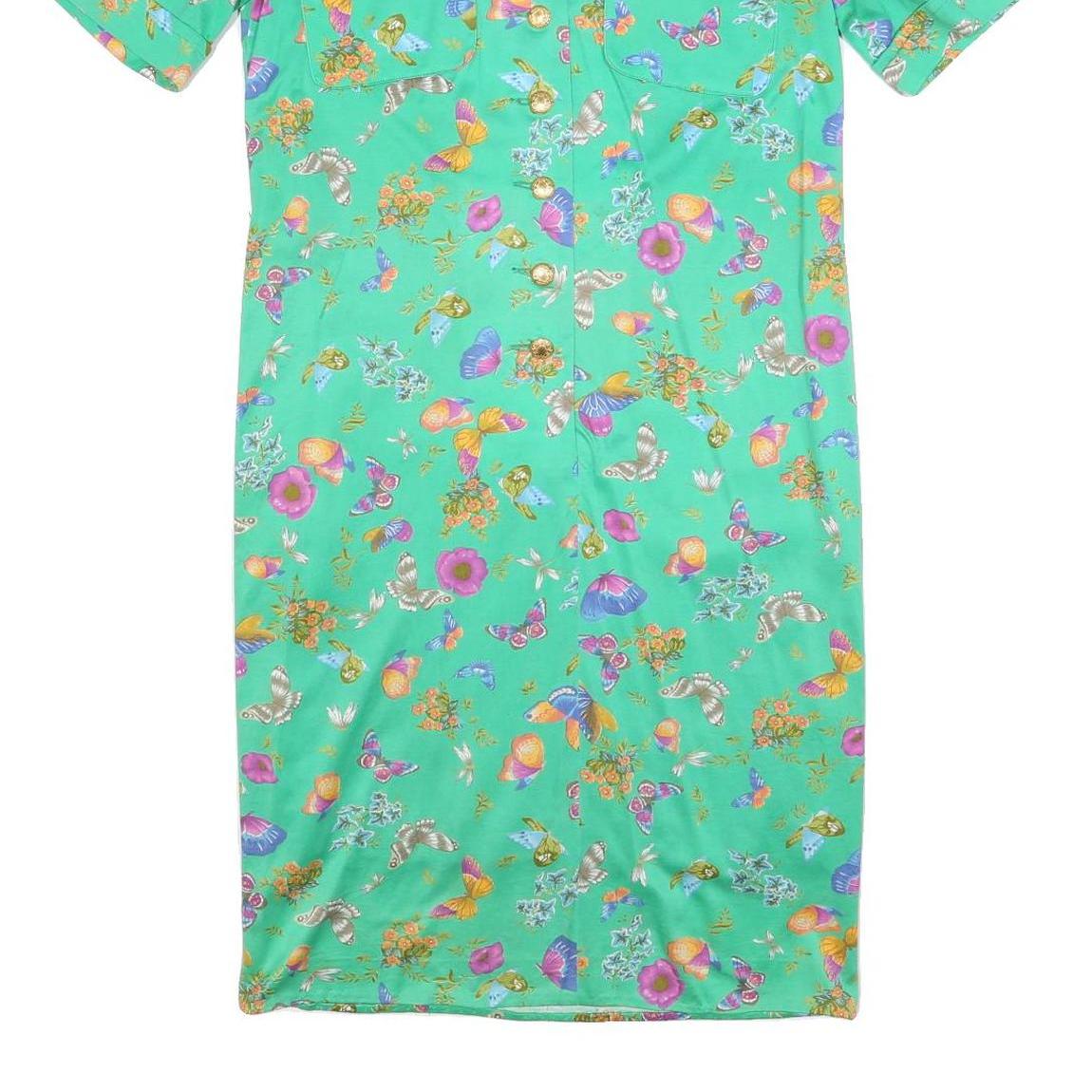 MODELE ALGO Womens Green Floral Button Midi Dress Cotton Blend Short Sleeve M
