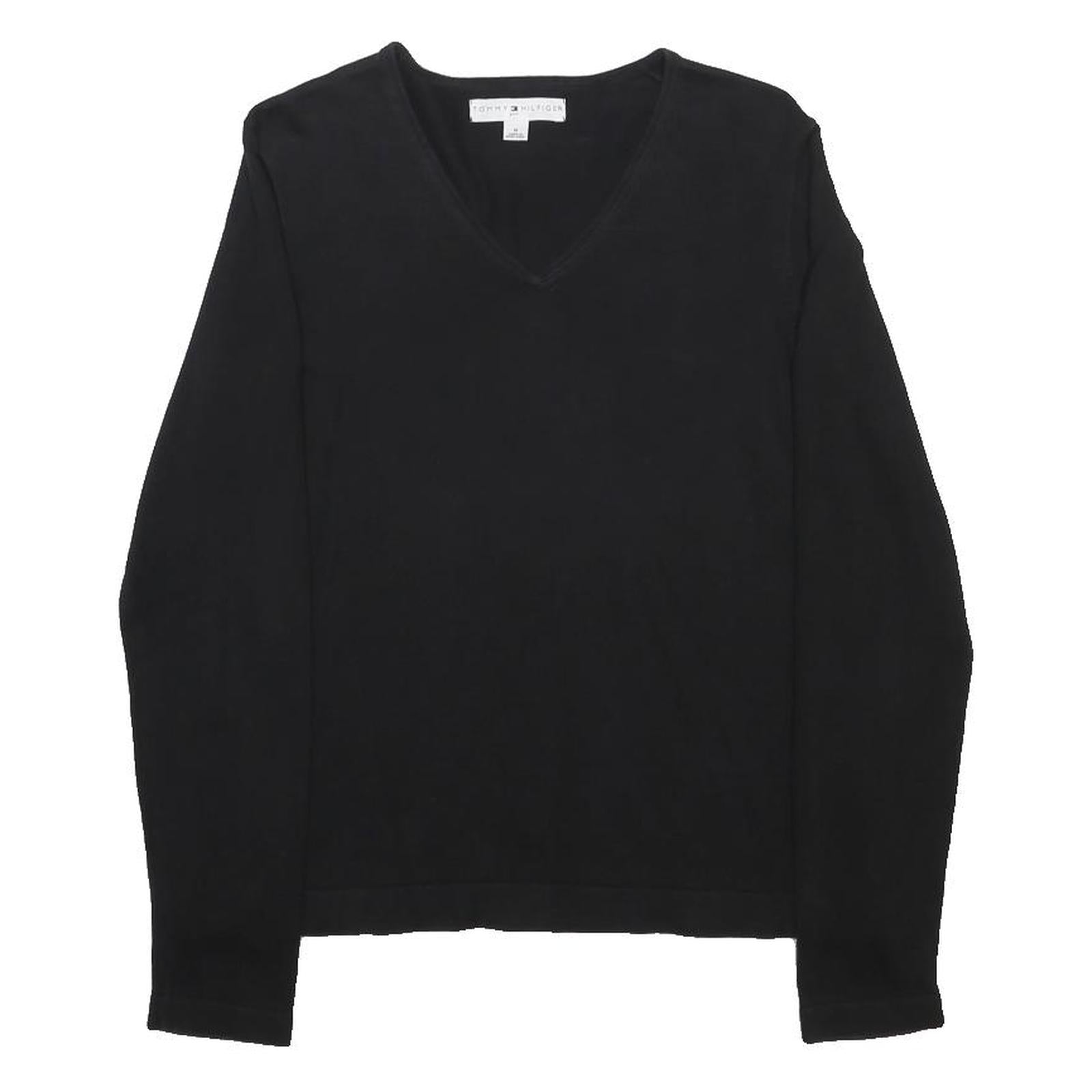 TOMMY HILFIGER Womens Black Plain Cotton Jumper V Neck Basic Knit M Casual