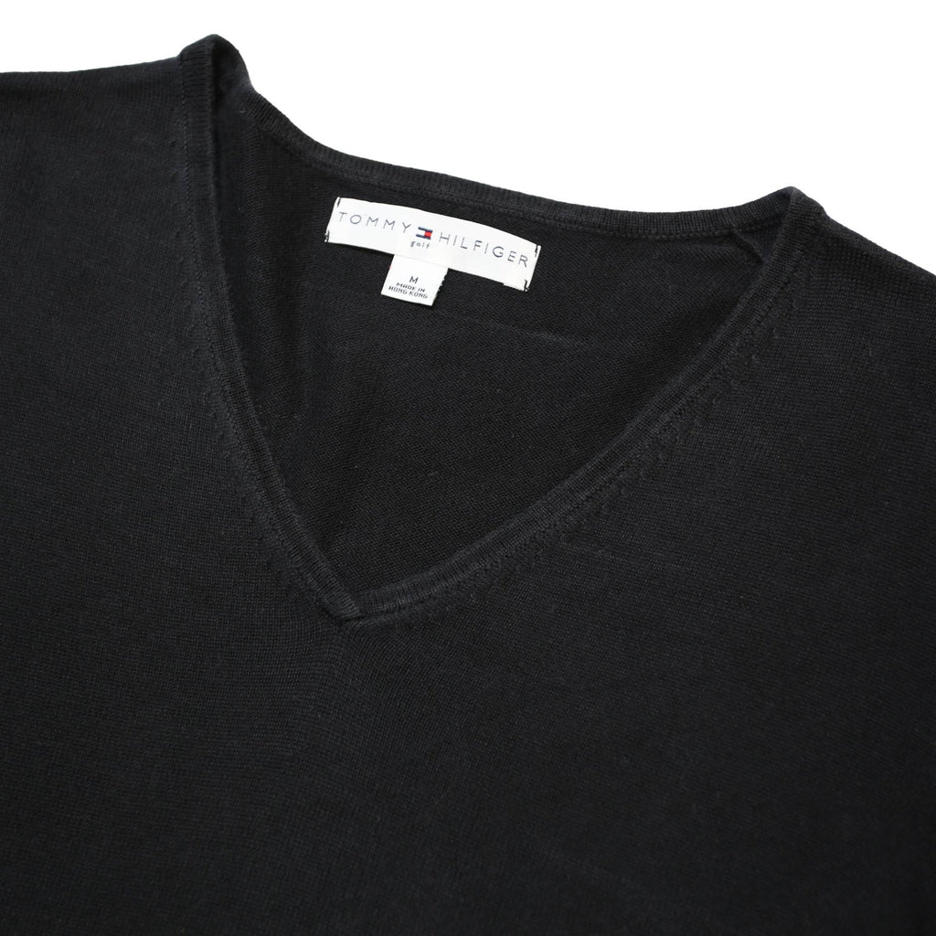 TOMMY HILFIGER Womens Black Plain Cotton Jumper V Neck Basic Knit M Casual