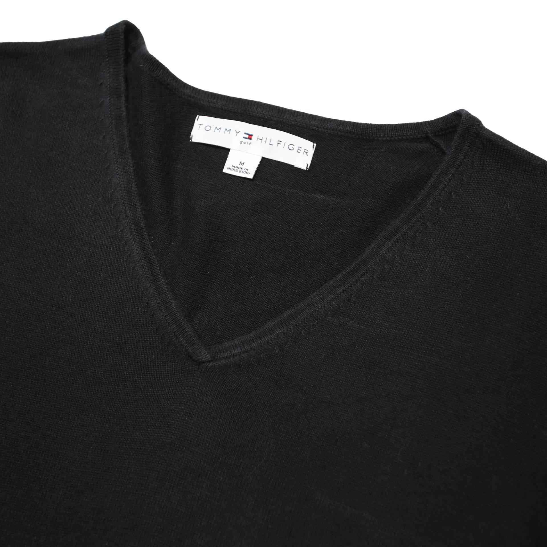 TOMMY HILFIGER Womens Black Plain Cotton Jumper V Neck Basic Knit M Casual
