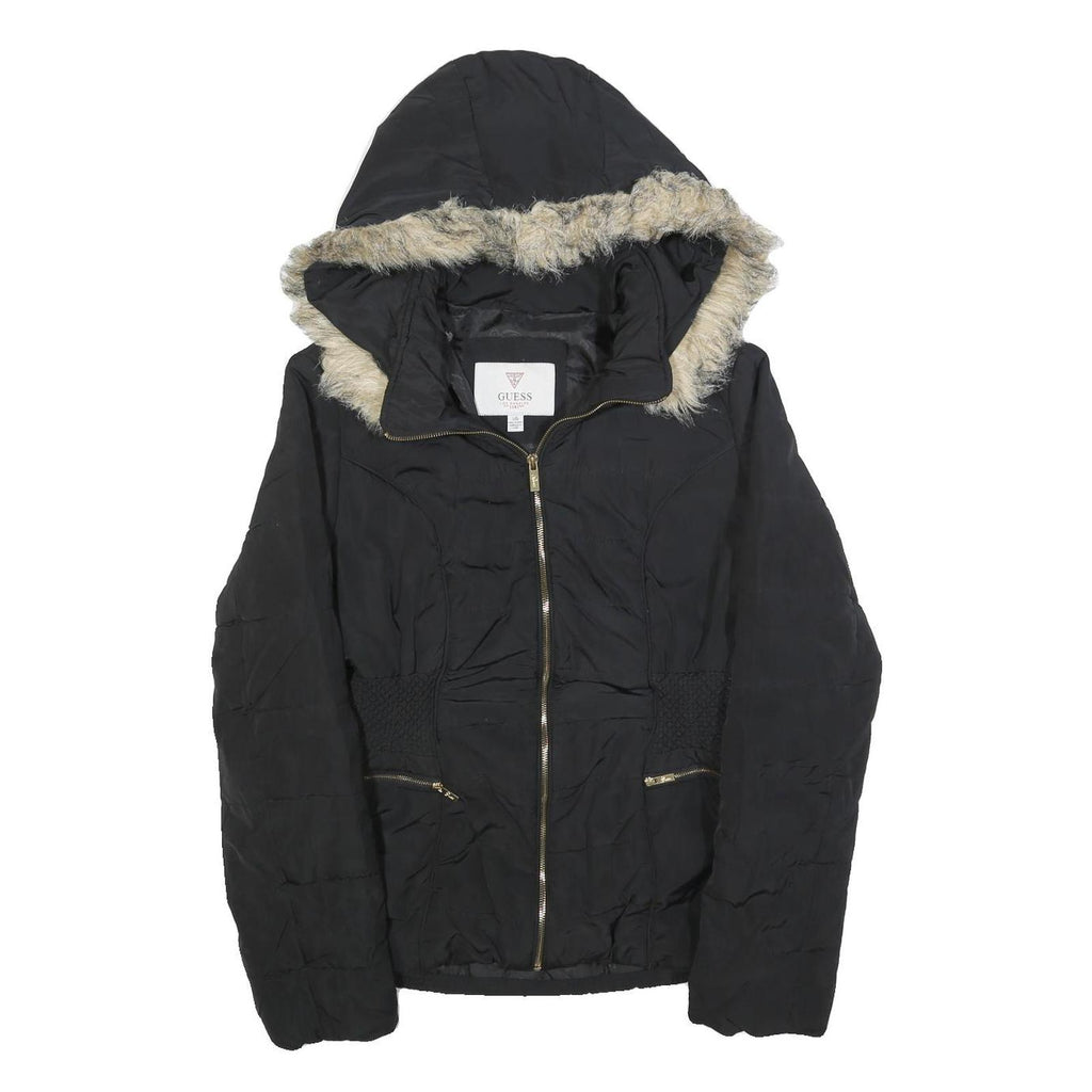 GUESS Womens Black Puffer Jacket L Polyester Hooded Zip Winter Coat Warm
