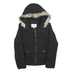 GUESS Womens Black Puffer Jacket L Polyester Hooded Zip Winter Coat Warm