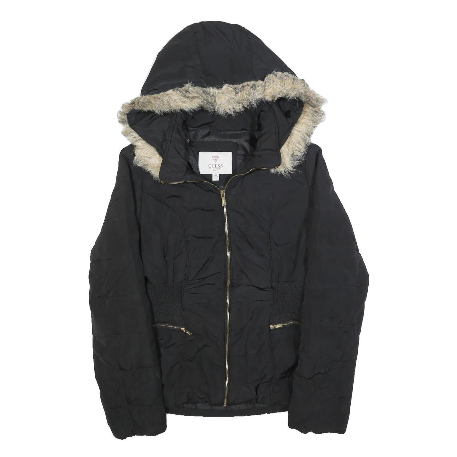 GUESS Womens Black Puffer Jacket L Polyester Hooded Zip Winter Coat Warm